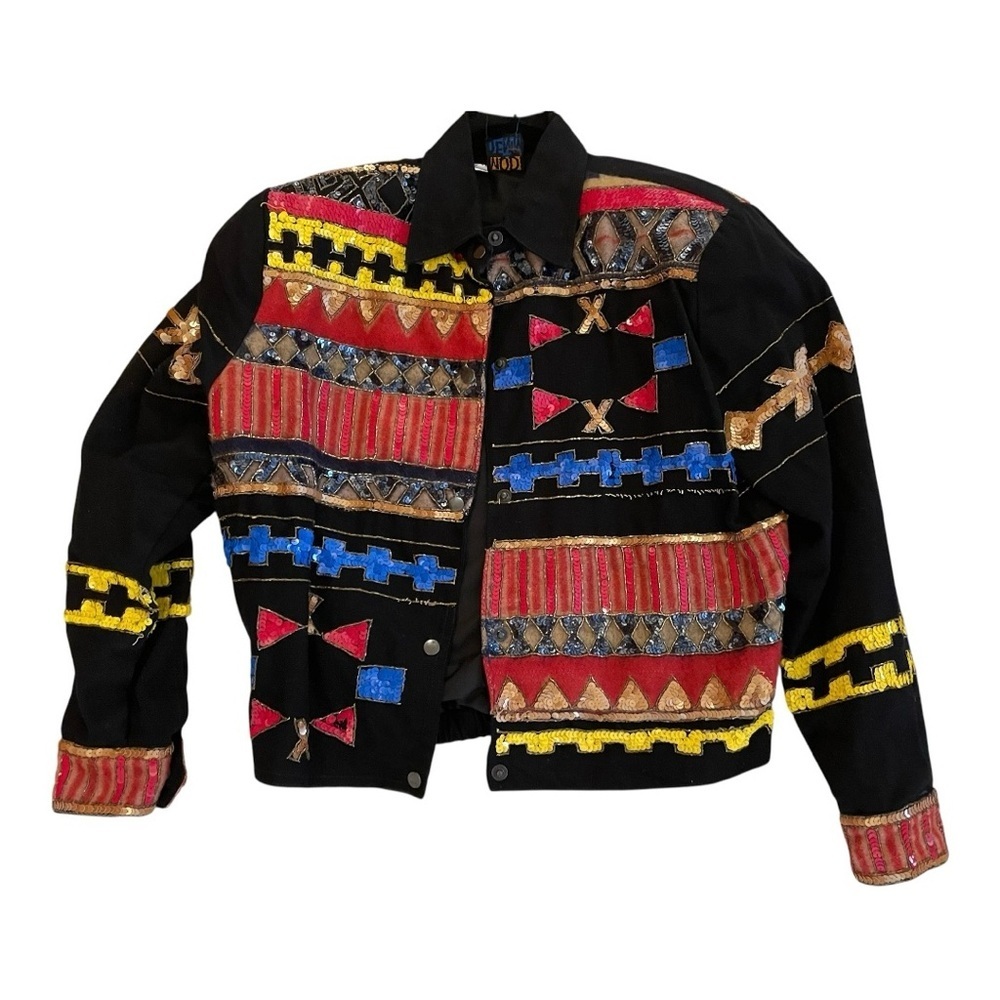 Modi Denim Vintage Sequined Jacket, Size S, Back w/Multi-Color Sequin & Designs.
